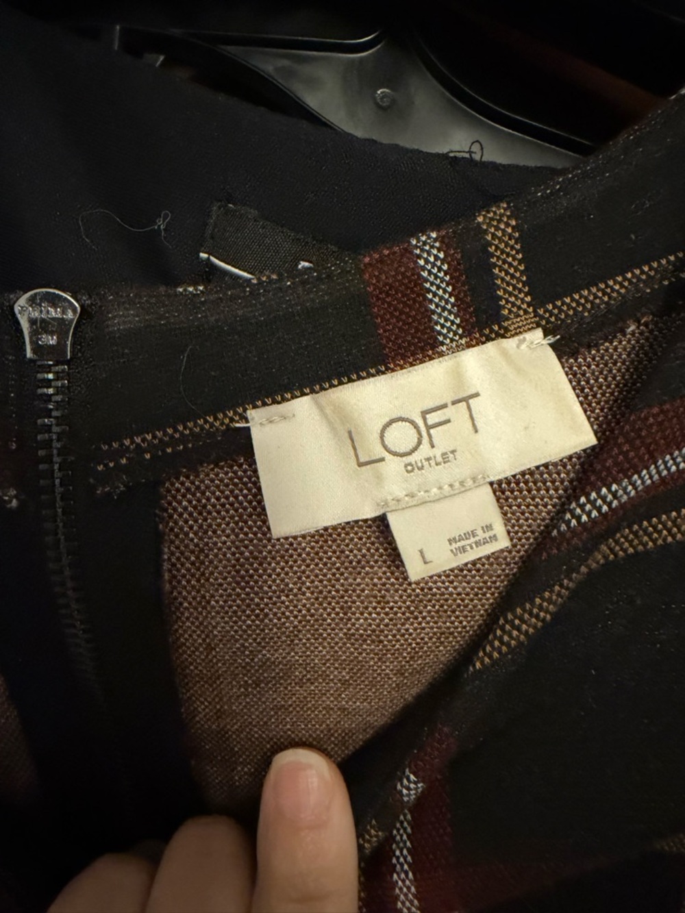 LOFT Outlet Black Jacket with Brown and Burgundy Plaid Trim